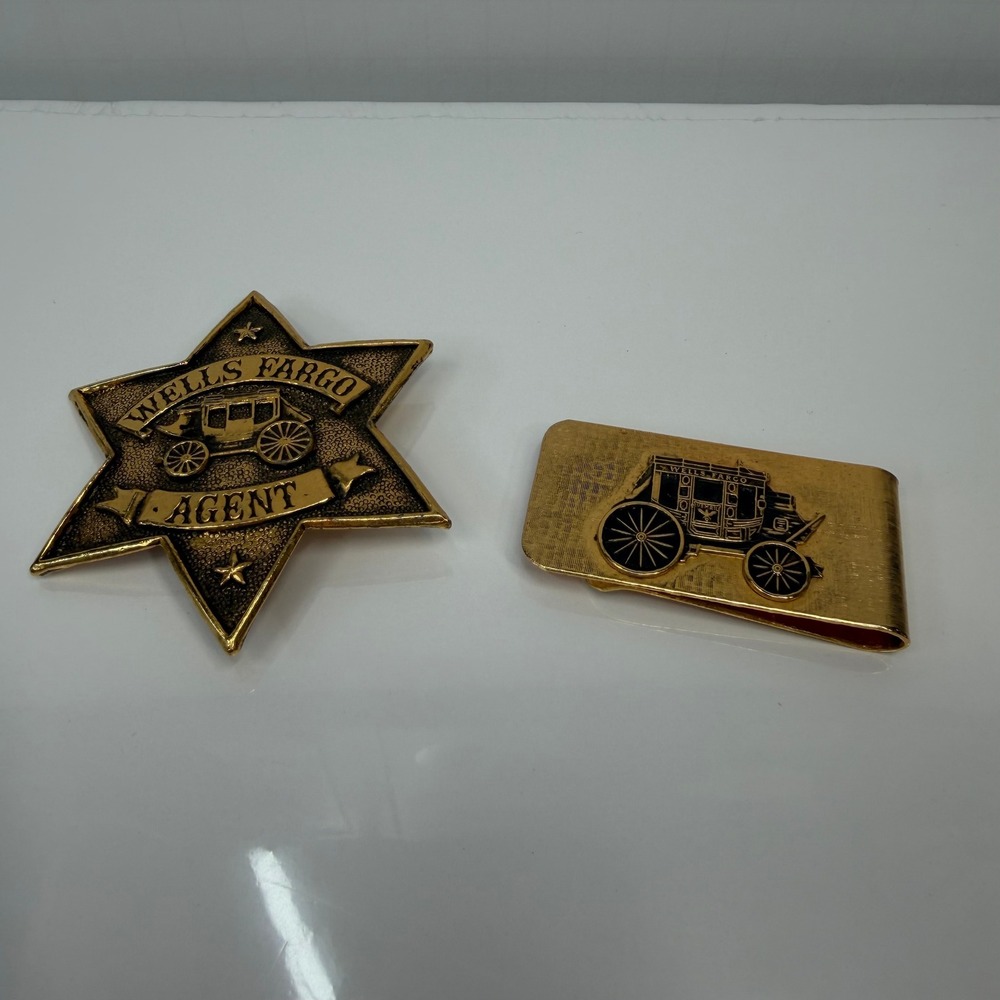 VTG Wells Fargo Money Clip & Badge Set Mens Gold Stagecoach Star Agent Western‎